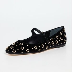 Larroude Blair Black Velvet Ballet Flats with Gold Studs